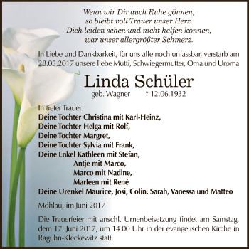 Traueranzeige von Linda Schüler von WVG - Wochenspiegel Dessau / Köthen