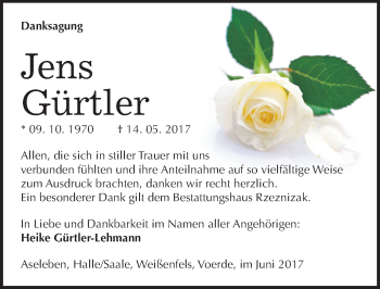 Traueranzeige von Jens Gürtler von Mitteldeutsche Zeitung Mansfelder Land