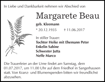Traueranzeige von Margarete Beau von Super Sonntag SGH Mansf. Land