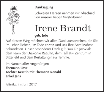 Traueranzeige von Irene Brandt von WVG - Wochenspiegel Bitterfeld