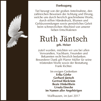 Traueranzeige von Ruth Jäntsch von Super Sonntag SGH Mansf. Land