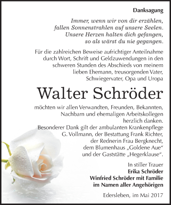 Traueranzeige von Walter Schröder von Mitteldeutsche Zeitung Sangerhausen