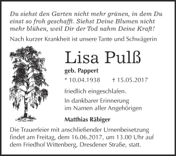Traueranzeige von Lisa Pulß von WVG - Wochenspiegel Wittenberg