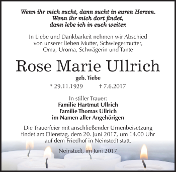 Traueranzeige von Rose Marie Ullrich von Mitteldeutsche Zeitung Quedlinburg