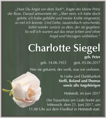 Traueranzeige von Charlotte Siegel von Super Sonntag SGH Mansf. Land