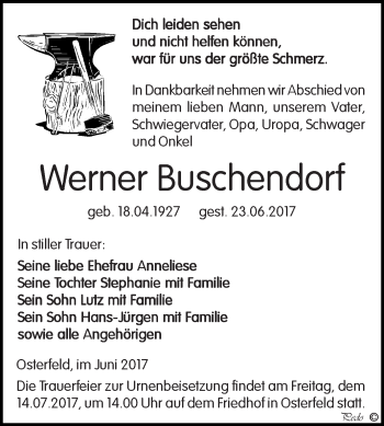 Traueranzeige von Werner Buschendorf von Super Sonntag Zeitz