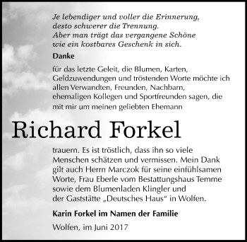 Traueranzeige von Richard Forkel von Mitteldeutsche Zeitung Bitterfeld