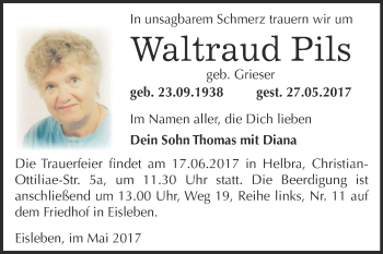 Traueranzeige von Waltraud Pils von Wochenspiegel Mansfelder Land