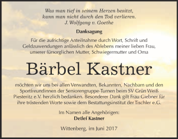 Traueranzeige von Bärbel Kastner von Super Sonntag Wittenberg