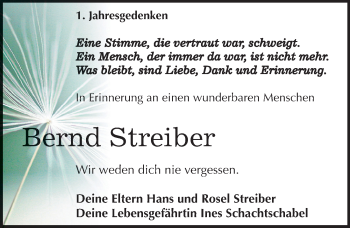 Traueranzeige von Bernd Streiber von Mitteldeutsche Zeitung Dessau-Roßlau