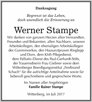 Traueranzeige von Werner Stampe von WVG - Wochenspiegel Wittenberg