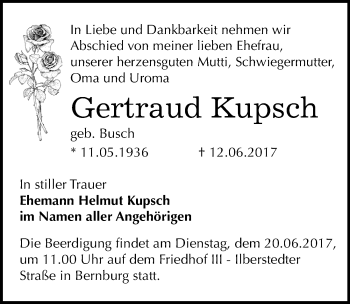 Traueranzeige von Gertraud Kupsch von Mitteldeutsche Zeitung Bernburg
