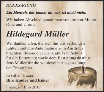Traueranzeige von Hildegard Müller von Super Sonntag Aschersleben