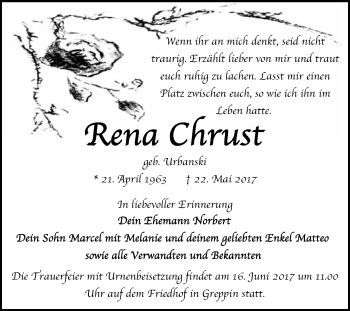 Traueranzeige von Rena Chrust von WVG - Wochenspiegel Bitterfeld