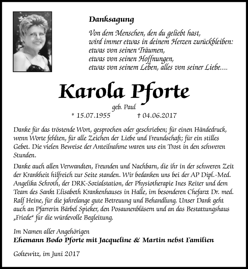  Traueranzeige für Karola Pforte vom 24.06.2017 aus Mitteldeutsche Zeitung Wittenberg