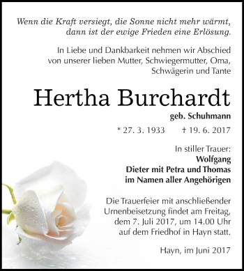 Traueranzeige von Hertha Burchardt von Super Sonntag SGH Mansf. Land