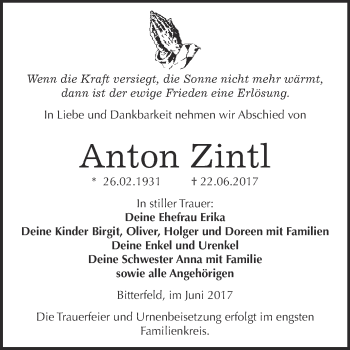 Traueranzeige von Anton Zintl von WVG - Wochenspiegel Bitterfeld