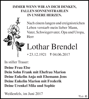 Traueranzeige von Lothar Brendel von WVG - Wochenspiegel NMB / WSF / ZTZ