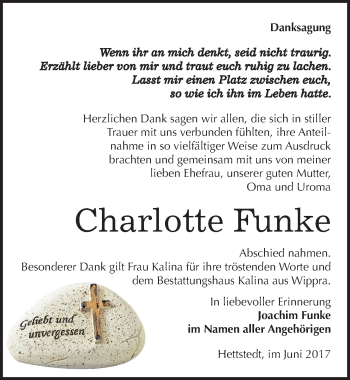 Traueranzeige von Charlotte Funke von Mitteldeutsche Zeitung Mansfelder Land