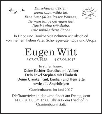 Traueranzeige von Eugen Witt von WVG - Wochenspiegel Wittenberg