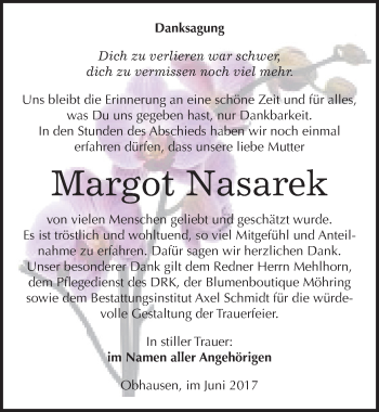Traueranzeige von Margot Nasarek von Mitteldeutsche Zeitung Merseburg/Querfurt