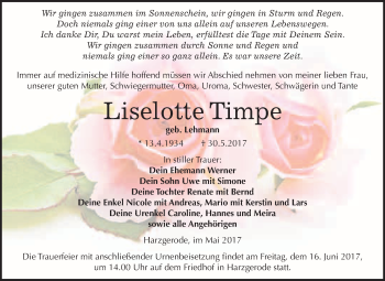 Traueranzeige von Liselotte Timpe von WVG - Wochenspiegel Quedlinburg