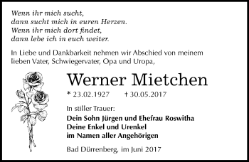 Traueranzeige von Werner Mietchen von Mitteldeutsche Zeitung Merseburg/Querfurt