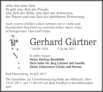 Traueranzeige von Gerhard Gärtner von Super Sonntag Merseburg