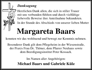 Traueranzeige von Margareta Baars von Mitteldeutsche Zeitung Dessau-Roßlau