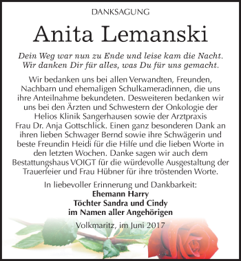 Traueranzeige von Anita Lemanski von Mitteldeutsche Zeitung Mansfelder Land