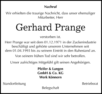 Traueranzeige von Gerhard Prange von Mitteldeutsche Zeitung