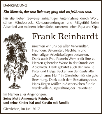 Traueranzeige von Frank Reinhardt von Super Sonntag Aschersleben