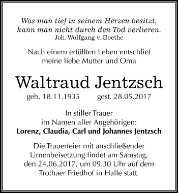Traueranzeige von Waltraud Jentzsch von Mitteldeutsche Zeitung Halle/Saalkreis