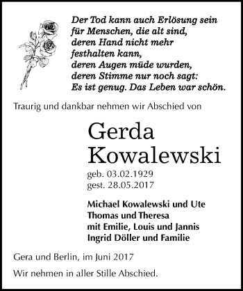 Traueranzeige von Gerda Kowalewski von Mitteldeutsche Zeitung Merseburg/Querfurt