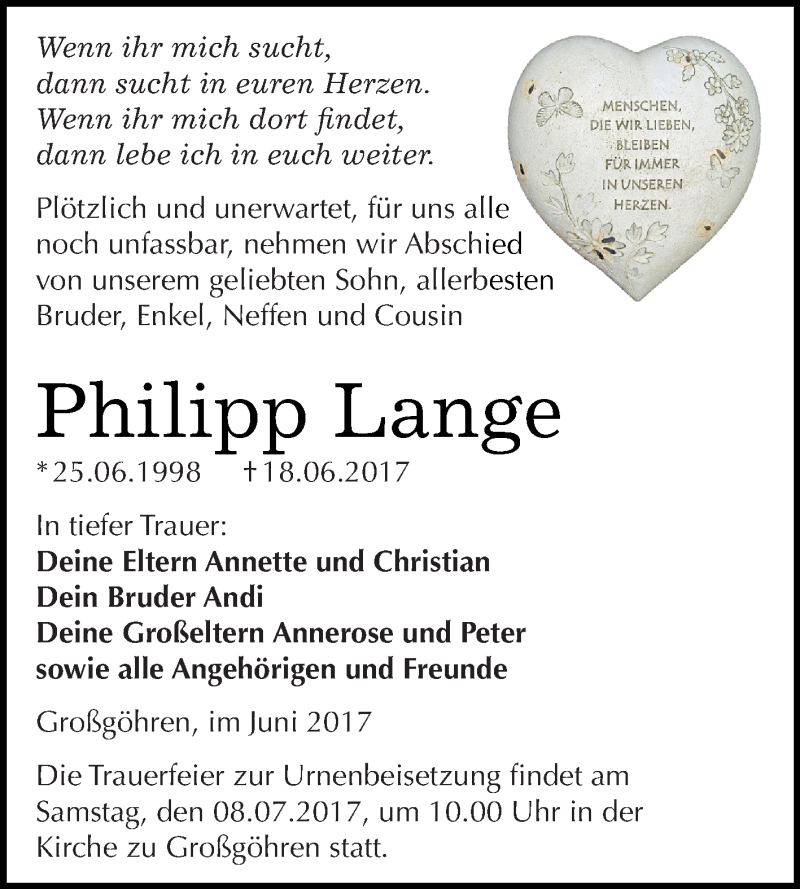  Traueranzeige für Philipp Lange vom 28.06.2017 aus Super Sonntag Merseburg