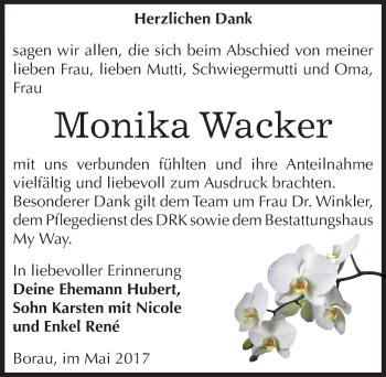 Traueranzeige von Monika Wacker von Mitteldeutsche Zeitung Weißenfels