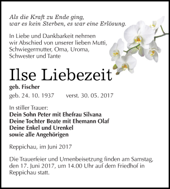 Traueranzeige von Ilse Liebezeit von WVG - Wochenspiegel Dessau / Köthen