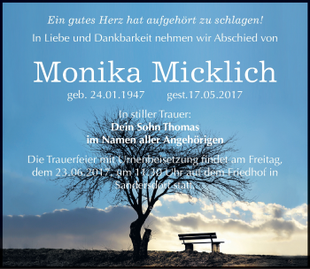 Traueranzeige von Monika Micklich von Mitteldeutsche Zeitung Bitterfeld