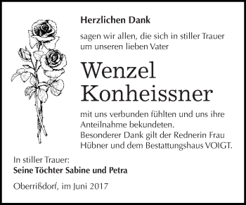 Traueranzeige von Wenzel Konheissner von Wochenspiegel Mansfelder Land