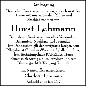 Traueranzeige von Horst Lehmann von WVG - Wochenspiegel Quedlinburg