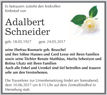 Traueranzeige von Adalbert Schneider von WVG - Wochenspiegel Merseburg