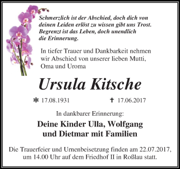 Traueranzeige von Ursula Kitsche von WVG - Wochenspiegel Dessau / Köthen