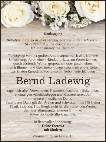 Traueranzeige von Bernd Ladewig von Super Sonntag SGH Mansf. Land
