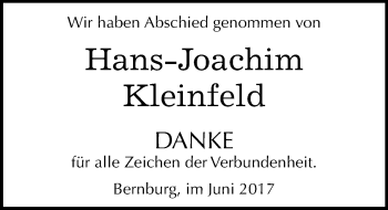 Traueranzeige von Hans-Joachim Kleinfeld von Mitteldeutsche Zeitung Bernburg