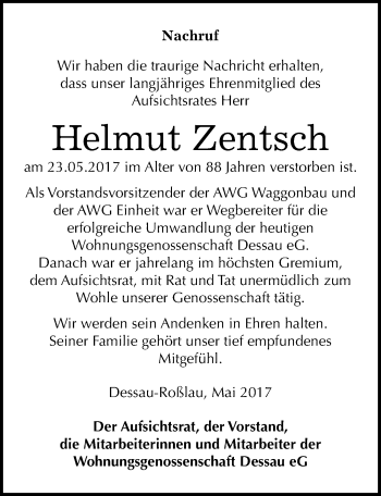 Traueranzeige von Helmut Zentsch von Mitteldeutsche Zeitung Dessau-Roßlau