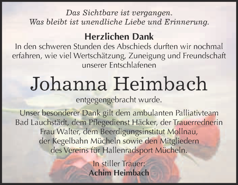  Traueranzeige für Johanna Heimbach vom 21.06.2017 aus WVG - Wochenspiegel Merseburg