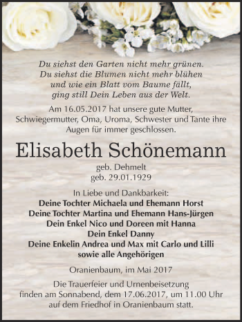 Traueranzeige von Elisabeth Schönemann von WVG - Wochenspiegel Wittenberg