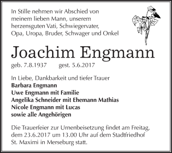 Traueranzeige von Joachim Engmann von WVG - Wochenspiegel Merseburg