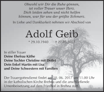 Traueranzeige von Adolf Geib von WVG - Wochenspiegel Bitterfeld