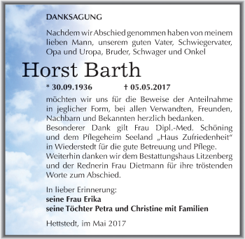 Traueranzeige von Horst Barth von Mitteldeutsche Zeitung Mansfelder Land
